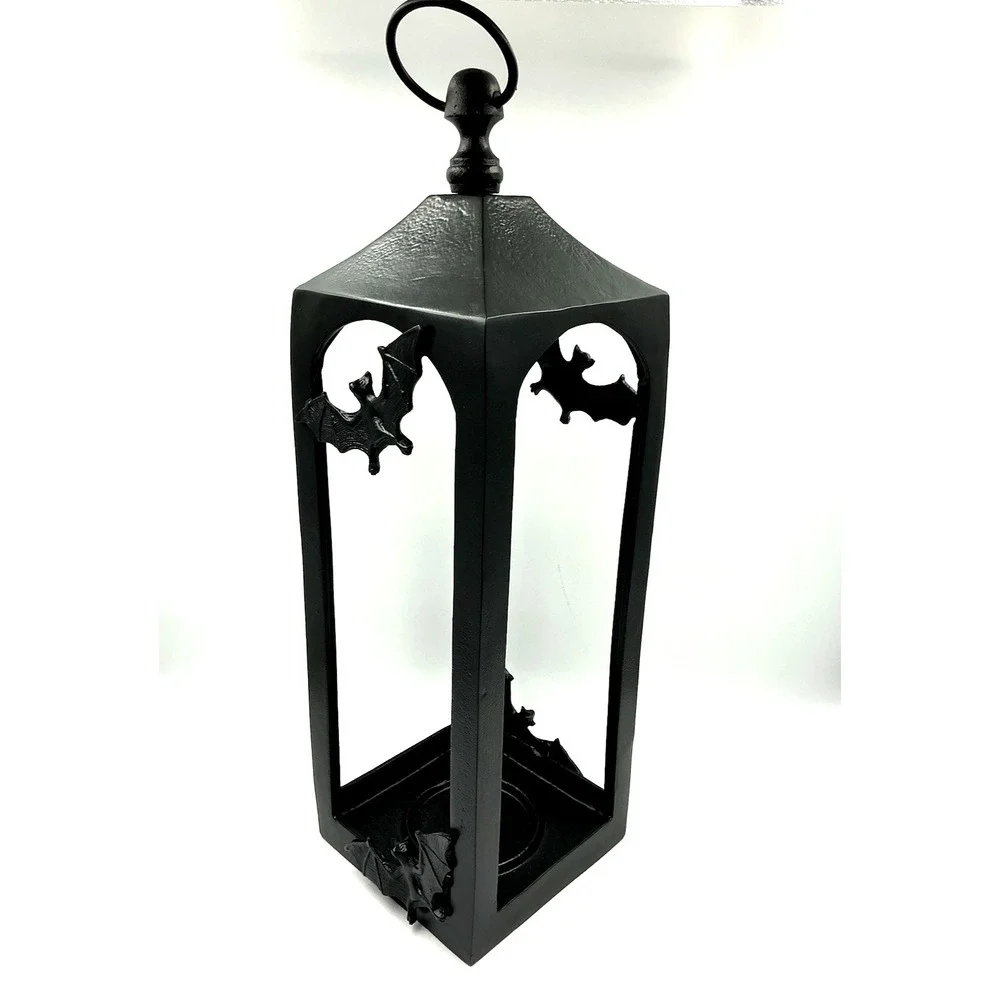 Large Halloween Black Cast Iron Hanging Candle Holder Lantern w/ Bats 22 Inches